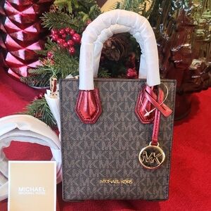 Michael Kors Mini XS Mercer Bag in Brown and Crimson Red. New With Tags!